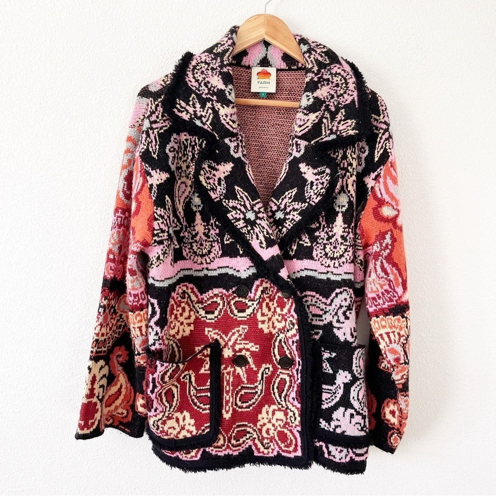 Farm Rio Sweet Mermaids Wool Blend Fringe Knit Jacket Bohemian Cardigan - Picture 3 of 10